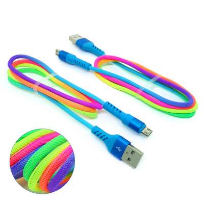 2019 new design rainbow colorful nylon braided micro charging USB cable, charger data sync cable for iphone